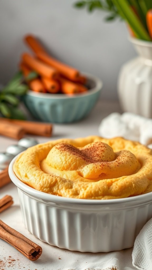 A fluffy cinnamon-spiced carrot souffle in a white dish, surrounded by fresh carrots and cinnamon sticks.