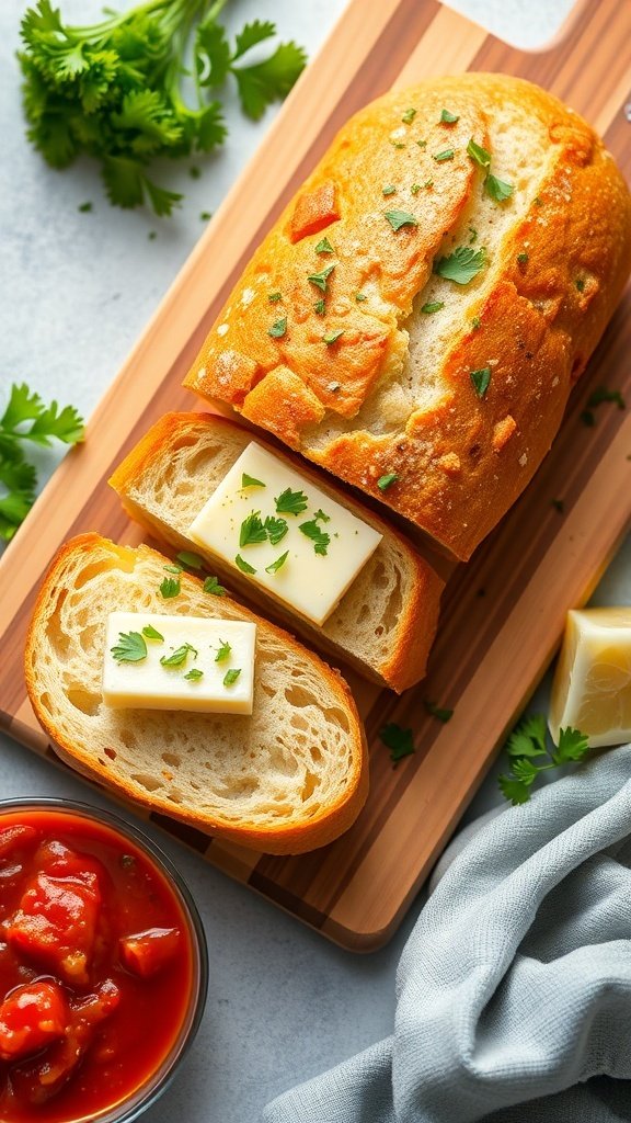 A loaf of garlic bread sliced open with butter and herbs, served with a bowl of marinara sauce.