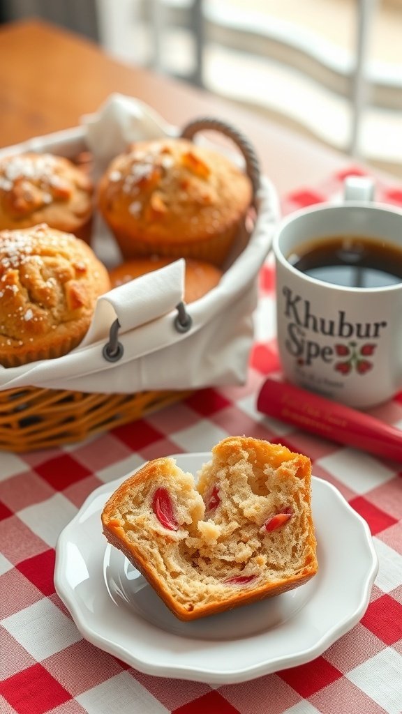 A basket of freshly baked rhubarb muffins with one muffin cut in half, revealing its soft interior.