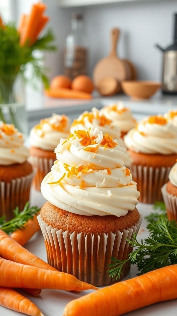 Vegan carrot cake cupcakes with cream cheese frosting, garnished with orange zest and surrounded by fresh carrots.