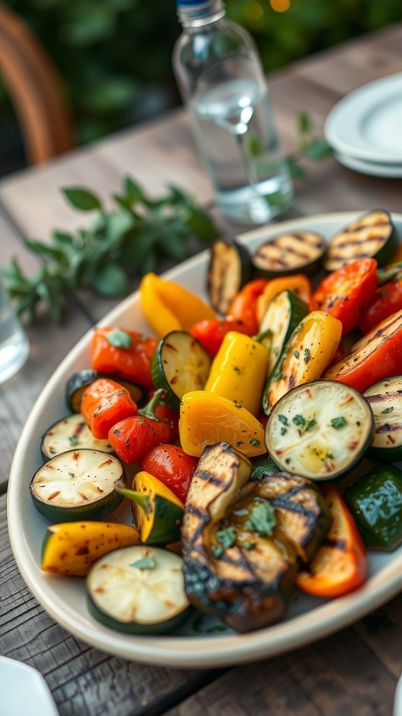 A colorful grilled vegetable platter featuring zucchini, eggplant, bell peppers, and cherry tomatoes.
