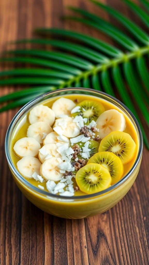 A colorful smoothie bowl topped with banana slices, kiwi, and coconut flakes.