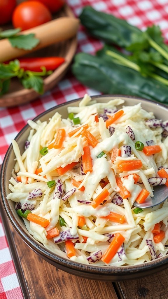 A bowl of classic Southern coleslaw with shredded cabbage, carrots, and green onions, surrounded by fresh vegetables.