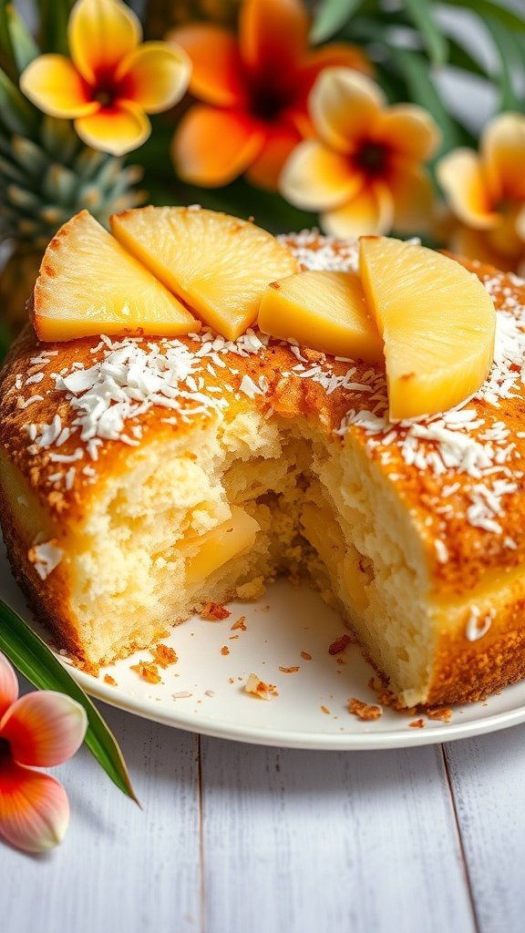 A delicious Tropical Pineapple Coconut Dump Cake with fresh pineapple slices on top, surrounded by vibrant flowers.