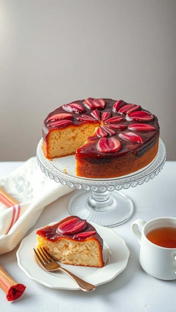A slice of rhubarb upside-down cake on a plate with a fork, with the whole cake displayed on a glass stand.