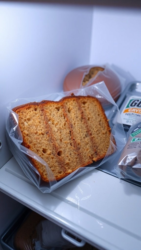 A slice of carrot cake wrapped in plastic, stored in a refrigerator.