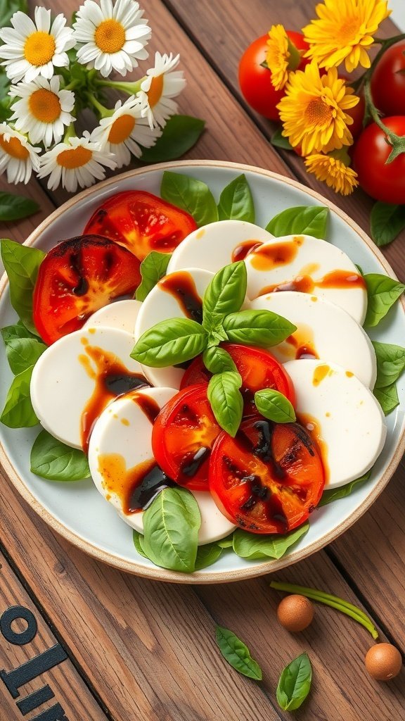 A plate of Caprese salad with grilled tomatoes, mozzarella, and fresh basil, garnished with balsamic glaze.