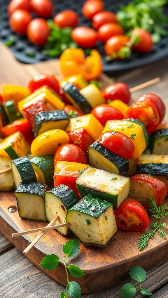 Colorful grilled vegetable skewers with zucchini, bell peppers, and cherry tomatoes on a wooden platter.