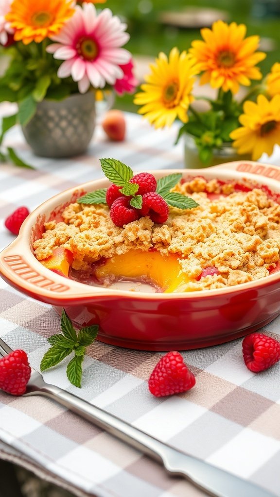 A peach and raspberry crumble in a red dish, garnished with fresh raspberries and mint, surrounded by colorful flowers.
