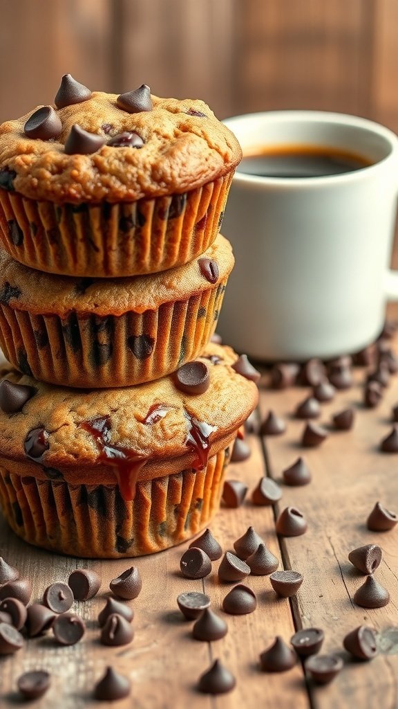 A stack of chocolate chip carrot muffins next to a cup of coffee
