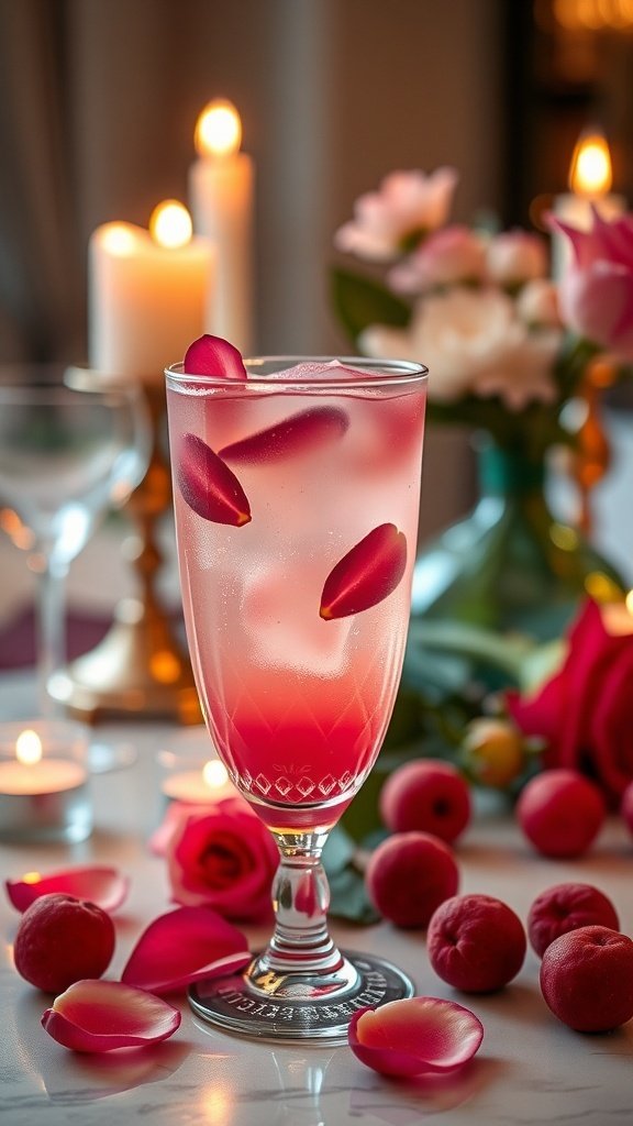 A refreshing Exotic Lychee and Rose Cooler garnished with rose petals, surrounded by fresh lychee and roses.