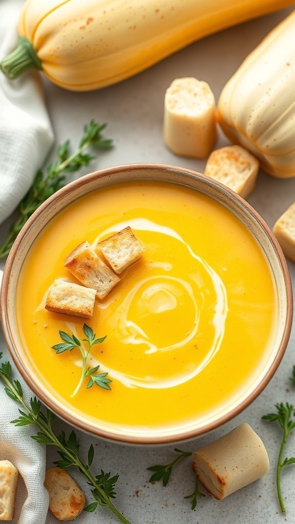 A bowl of creamy summer squash soup topped with croutons and fresh herbs, surrounded by summer squash.