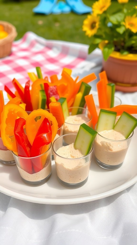 Colorful veggie and hummus cups with bell peppers, cucumbers, and hummus on a picnic blanket.