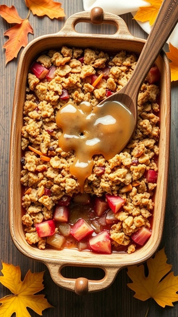 A warm maple-rhubarb crisp in a baking dish, topped with a crunchy oat mixture and drizzled with maple syrup.
