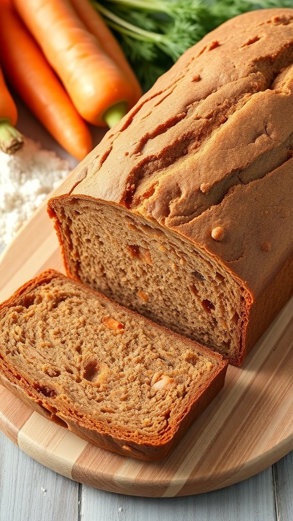 A loaf of whole wheat carrot bread sliced on a wooden board, with fresh carrots in the background.