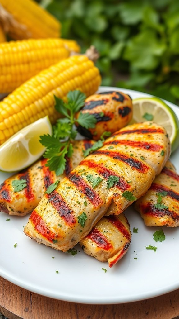 Grilled chicken with herbs and corn on a plate
