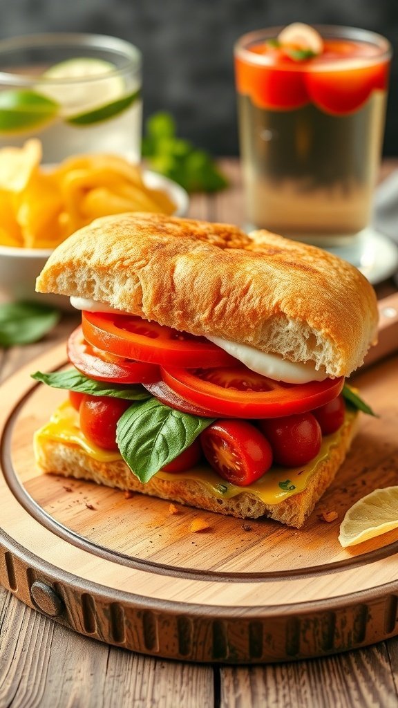 A delicious summer sandwich with tomatoes, basil, and cheese on crusty bread.