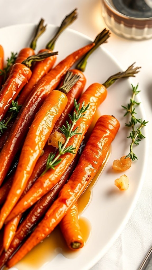 Maple-glazed roasted carrots on a white plate, garnished with fresh thyme.