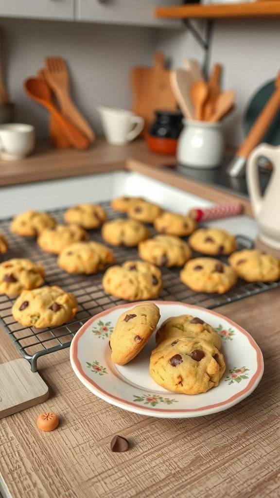 A plate of freshly baked chocolate chip cookies on a wooden table, with more cookies cooling on a rack in the background.
