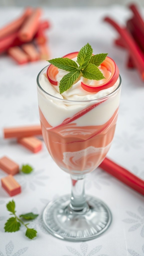 A glass of creamy rhubarb fool topped with whipped cream and mint, with fresh rhubarb stalks in the background.