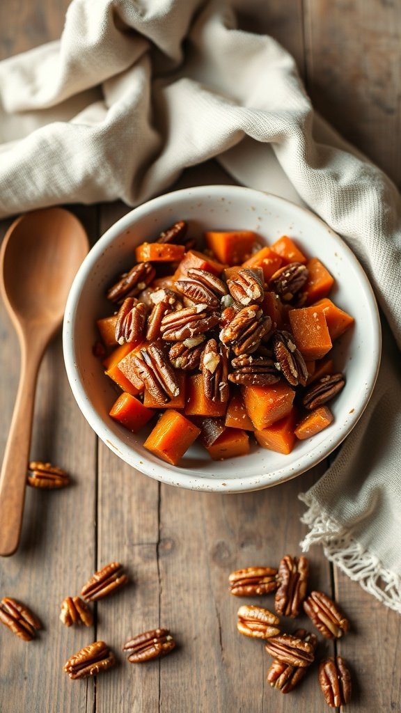 A bowl of brown sugar glazed carrots topped with pecans, set on a wooden table.