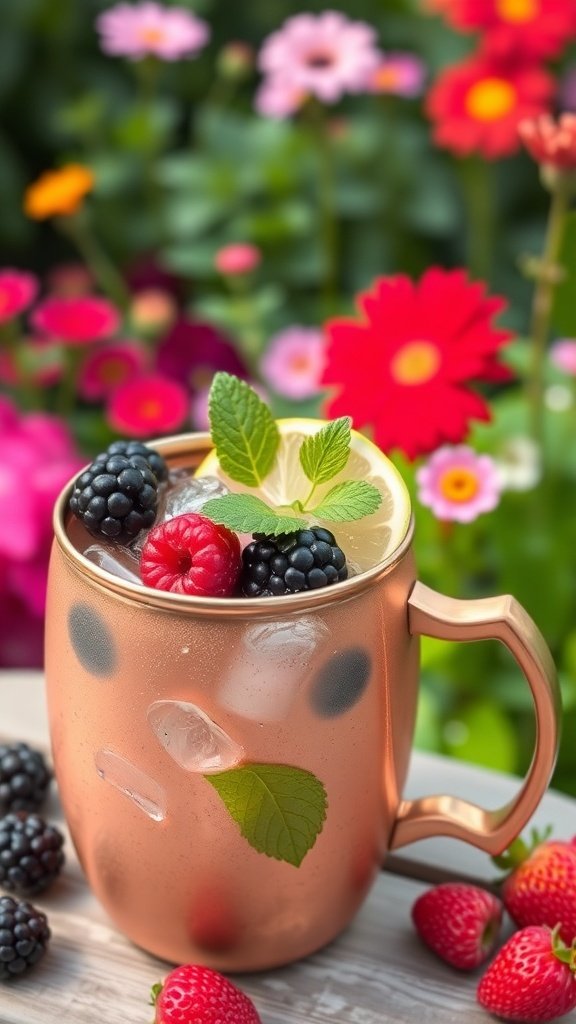 A refreshing summer cocktail in a copper mug, garnished with berries and mint.