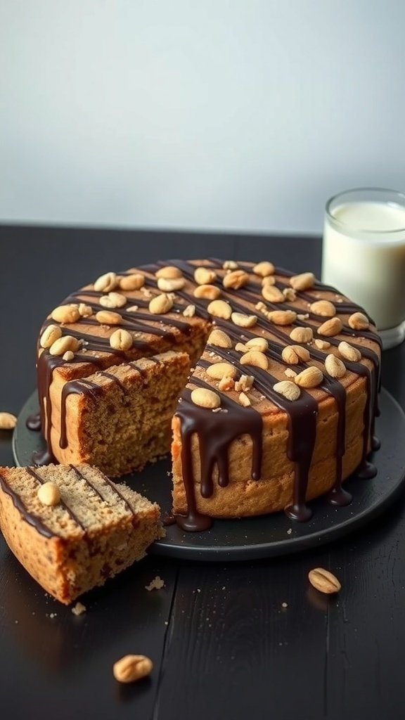 A delicious peanut butter cookie cake topped with chocolate drizzle and peanuts, served with a glass of milk.