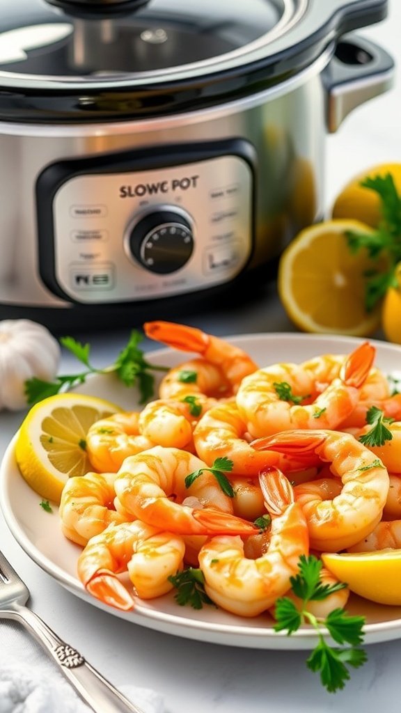 A plate of tender lemon garlic shrimp garnished with parsley, with a slow cooker in the background.