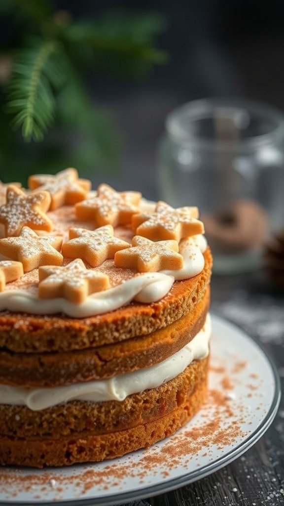 A layered carrot cake decorated with star-shaped spiced sugar decorations and cream frosting.
