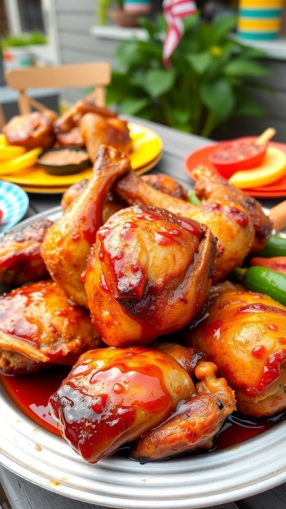 A plate of sweet and spicy BBQ chicken thighs, glistening with sauce, ready for grilling.