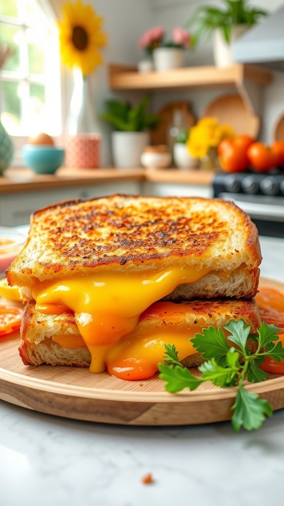 A grilled cheese sandwich with melted cheese and a golden crust on a wooden plate.
