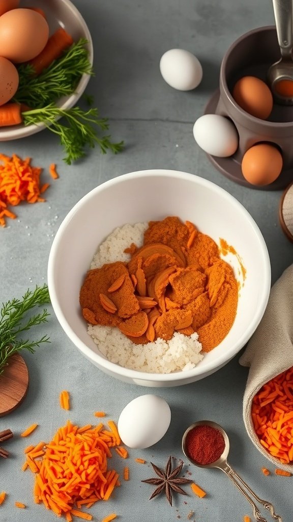 Ingredients for a carrot cake including grated carrots, eggs, and spices in a bowl.