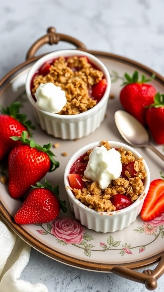 Two mini strawberry rhubarb crisps in ramekins with fresh strawberries on a decorative plate.