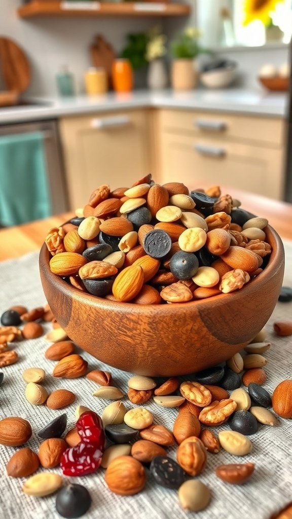 A bowl of colorful trail mix with nuts, seeds, and dried fruit.