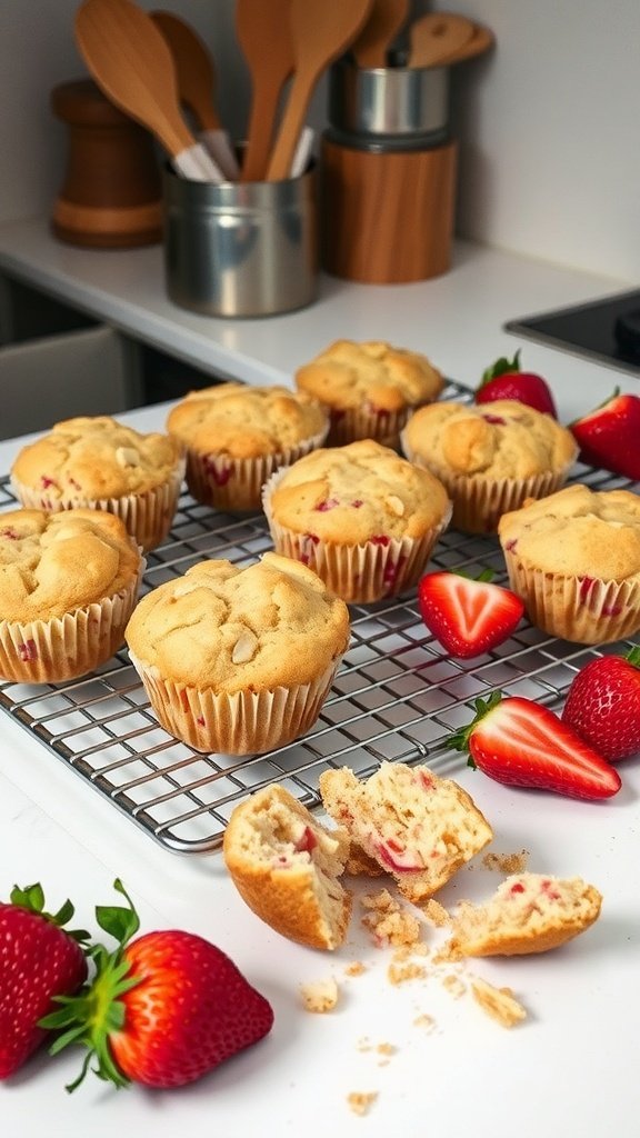 Freshly baked strawberry rhubarb muffins cooling on a wire rack with strawberries scattered around.