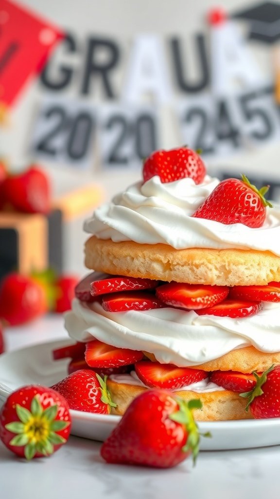 A delicious strawberry shortcake with layers of cake, whipped cream, and fresh strawberries, perfect for graduation celebrations.