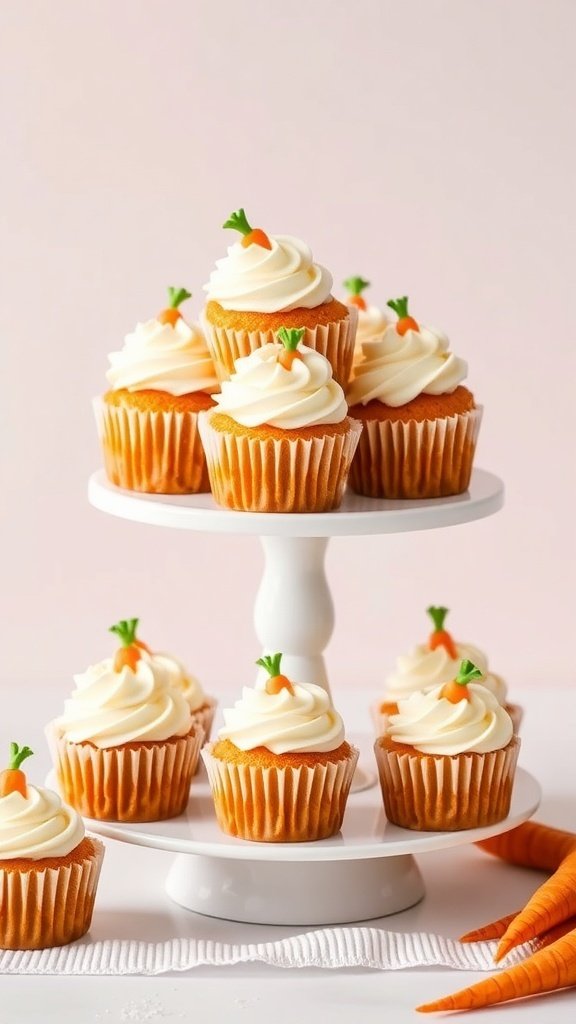 A display of mini carrot cakes topped with cream cheese frosting and small carrot decorations.