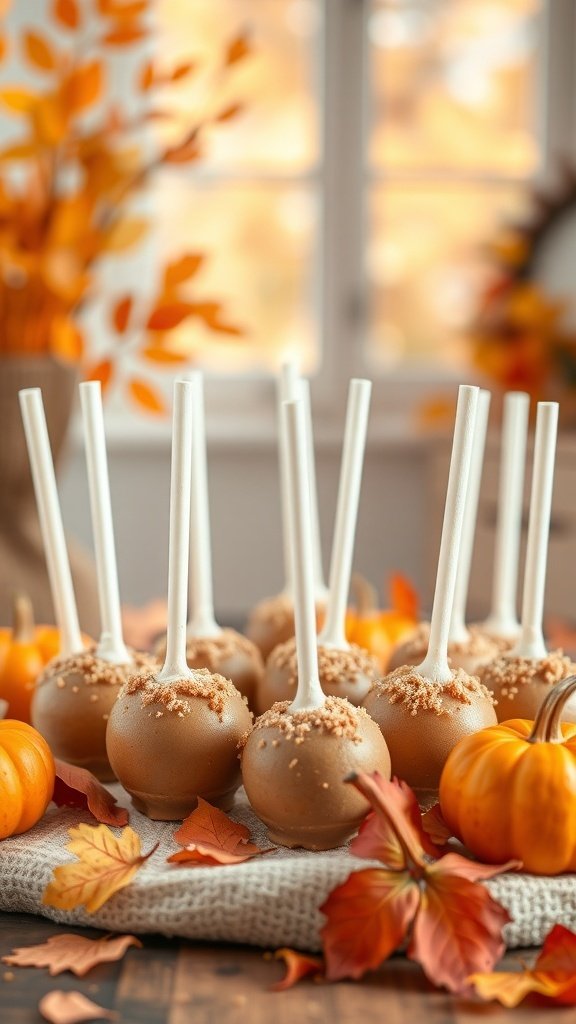 Delicious pumpkin spice cake pops decorated with crushed graham crackers, surrounded by autumn leaves and small pumpkins.
