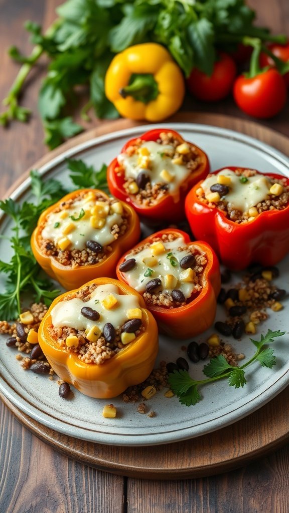 Stuffed bell peppers filled with grains, beans, and topped with cheese.