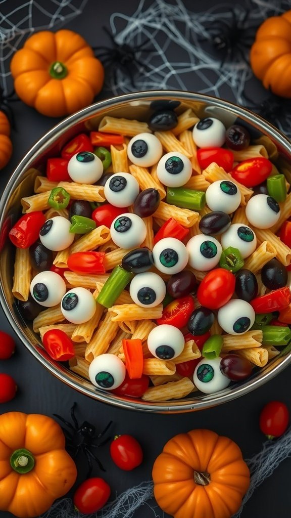 A bowl of eerie eyeball pasta salad with mozzarella balls resembling eyeballs, surrounded by mini pumpkins and spider decorations.