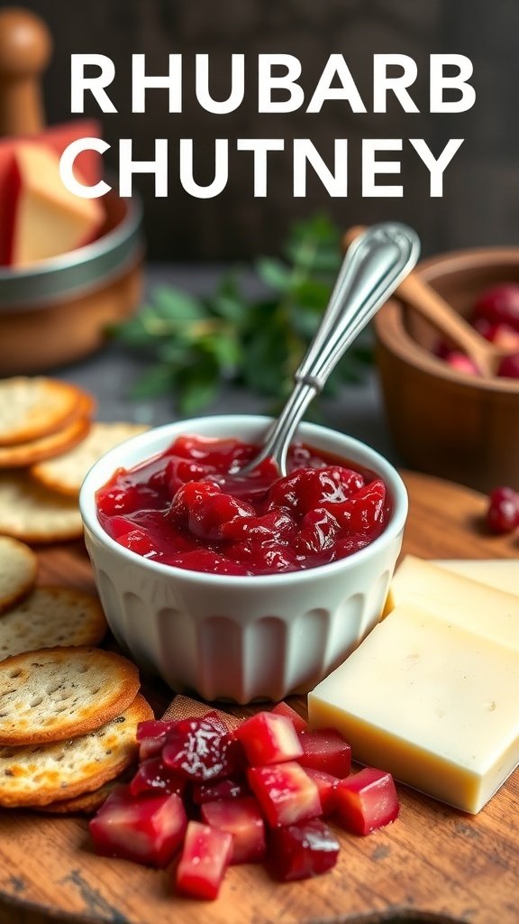 A bowl of rhubarb chutney with crackers and cheese on a wooden board.