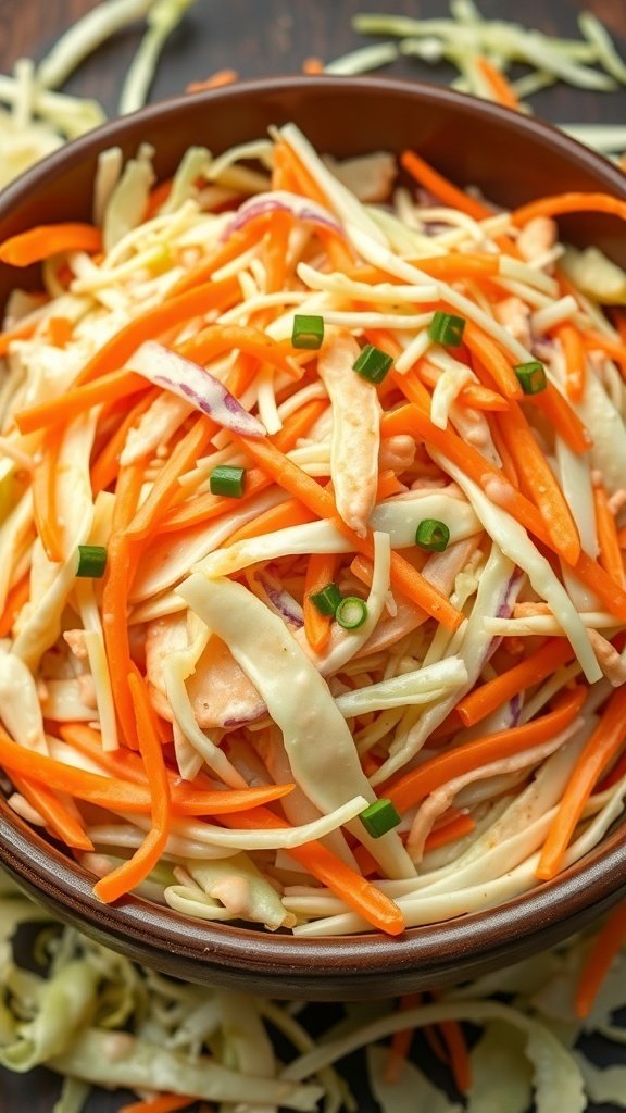 A bowl of classic coleslaw-style carrot salad with shredded cabbage and carrots, garnished with green onions.