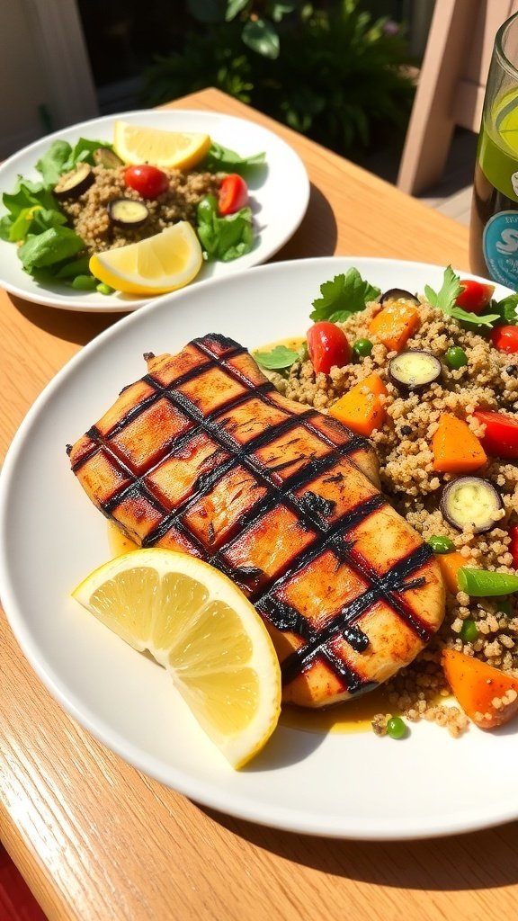 Grilled chicken breast served with couscous salad and lemon wedges on a plate.