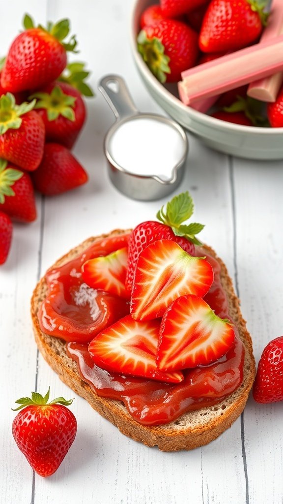 A slice of bread topped with strawberry rhubarb jam and fresh strawberries, with a bowl of strawberries and rhubarb in the background.