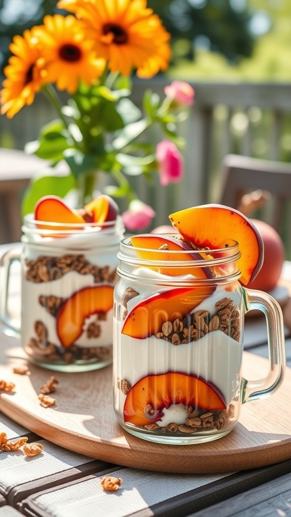 Grilled peach and yogurt parfaits in jars with granola and flowers in the background