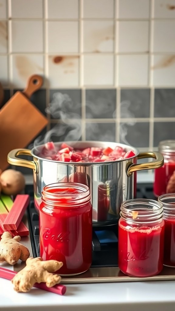 A pot of rhubarb jam cooking on the stove with jars of finished jam nearby.
