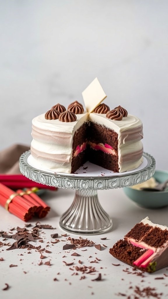 A beautifully layered chocolate cake with rhubarb filling, topped with chocolate swirls and a slice cut out, revealing the vibrant pink rhubarb.