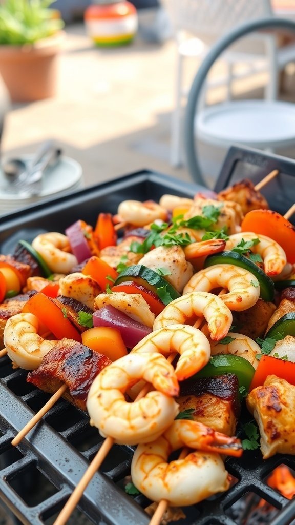Colorful skewers of shrimp, chicken, and vegetables grilling on a barbecue.