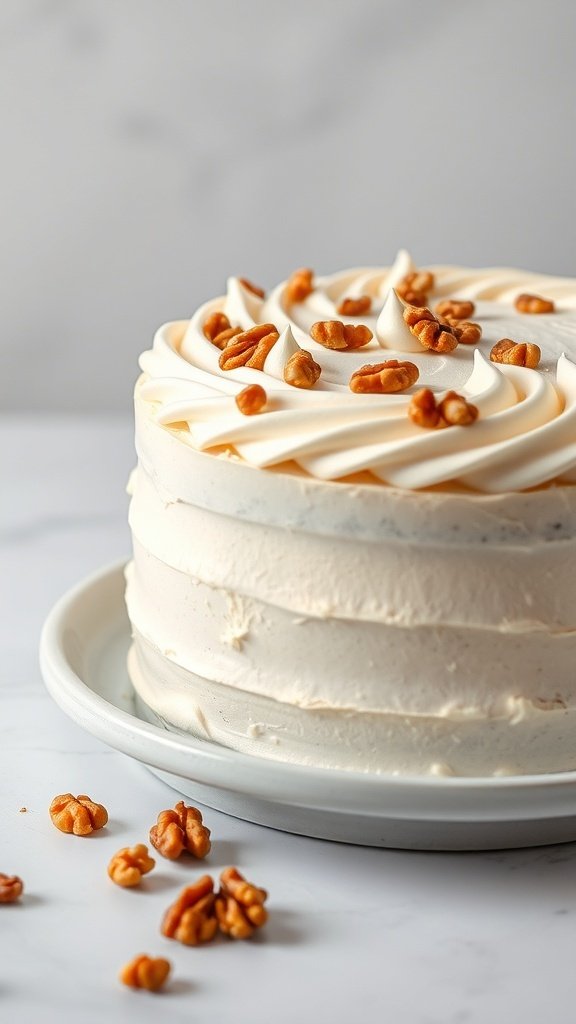 A beautifully decorated carrot cake with cream cheese frosting swirls and walnuts on top.