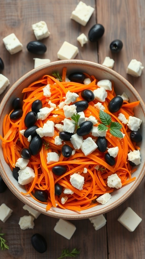 A bowl of Mediterranean carrot salad with shredded carrots, feta cheese, and black olives.